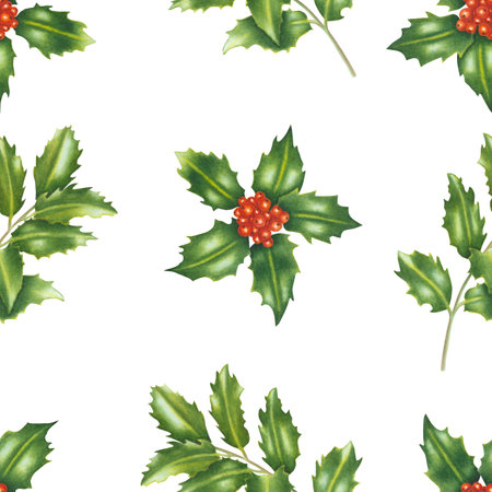 Holly branches with green leaves and red berries seamless pattern on white background. Watercolor hand drawn illustration. for design, cards, textile, decor, wallpaper, wrapping paper, clothesの写真素材