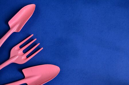 Garden equipment spatula and rake to care for plants on a blue background are lined on the left edge as a frame to copy spaceの写真素材