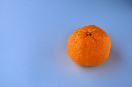 One orange tangerine in the peel on a blue background with a copy spaceの写真素材
