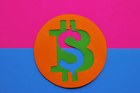 The coin with the bitcoin sign is connected to the dollar coin on a pink blue background. Conceptual...