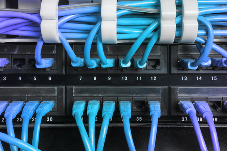 Server rack with blue internet patch cord cables connected to black patch panel in server room...