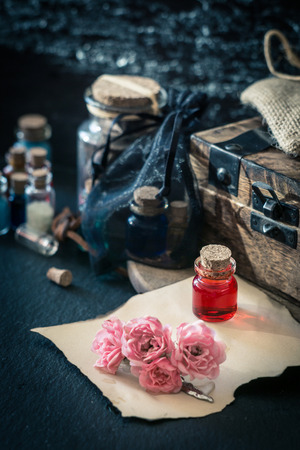 Love potion, red drink in bottle. Magic conceptの写真素材