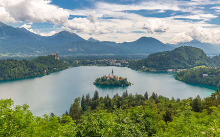 Lake Bled with church island from viewpoint Ojstrica Sloveniaの写真素材