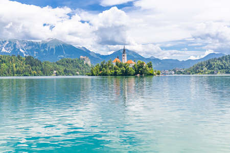 Summer panorama of Lake Bled with church island Slovenia