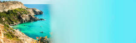 banner. Cape Fiolent in summer in sunny weather. Crimea, Russia. A lot of boats and ships....