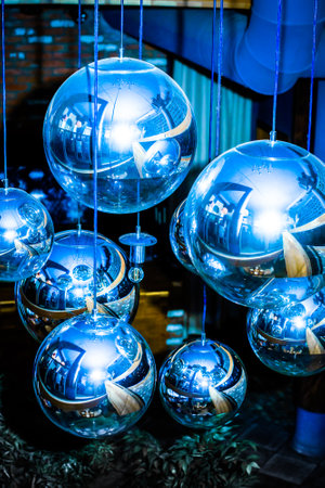 blue round lamps in the interior. stylish balls. modern style. living room decoration.の写真素材