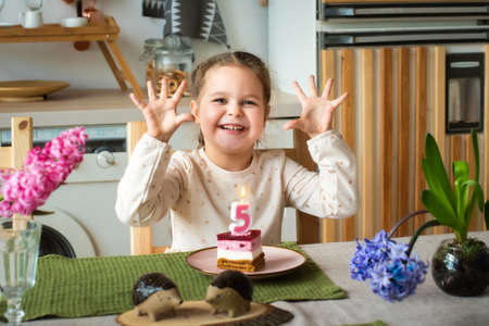 girl celebrate birthday. cake with number five. the baby shows with her hands 5.