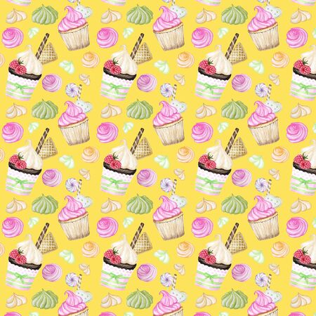 Bright colorful Sweet delicious watercolor pattern with cupcakes. Isolated elements on bright yellow backgroundの写真素材