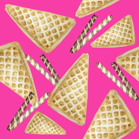 Sweet delicious watercolor SEAMLEES pattern with waffles. Watercolor hand drawn illustration.の写真素材