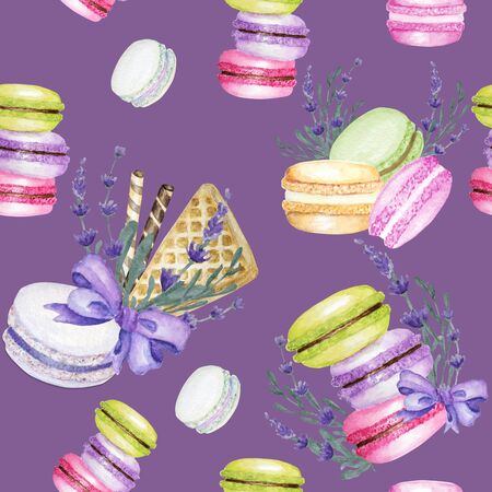Bright colors Macarons cake Watercolor seamless pattern on purple background with lavender flowers. Colorful sweet french desserts. Fabric seamless pattern. Scrapbooking digital paper.の写真素材