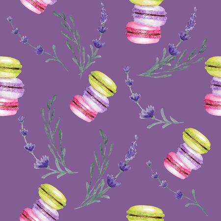Bright colors Macarons cake Watercolor seamless pattern on purple background with lavender flowers. Colorful sweet french desserts. Fabric seamless pattern. Scrapbooking digital paper.の写真素材