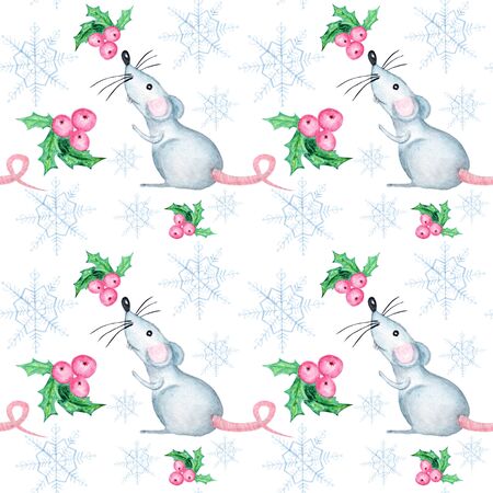 Watercolor snowflakes, rat and christmas berries seamless pattern. Blue snowflake on a white background. Winter holidays wallpaper, Christmas and New year hand drawn illustrations.の写真素材