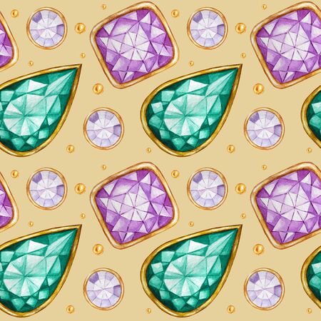 Seamless pattern Crystal in a gold frame and jewelry beads green and purple colors. Hand drawn watercolor Gemstone diamond. Bright colors Fabric texture. Beige Background for scrapbookingの写真素材
