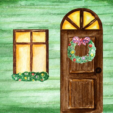 Watercolor dark wodden doors and windows in vintage style on green background wall with Christmas wreath decorations. Hand drawing of New Year greeting card, posterの写真素材