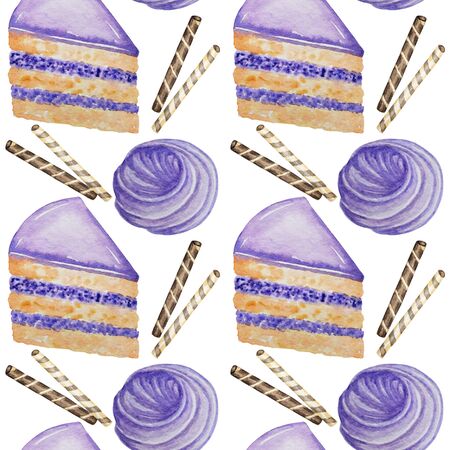Bright Sweet delicious watercolor Seamless pattern with meringue, waffle and bisquit piece of cake. Purple, brown color fabric texture hand drawn illustration on white backgroundの写真素材