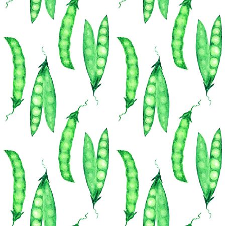 Seamless pattern Watercolor painted collection of green peas. Cartoon style Hand drawn fresh vegan food on white background. Fabric autumn textureの写真素材