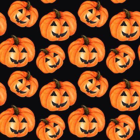 Halloween Seamless pattern Watercolor painted collection of orange creepy pumpkin. Cartoon style Hand drawn fresh vegan food on black background. Fabric autumn textureの写真素材