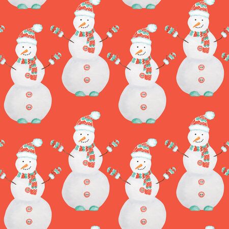 Seamless pattern New Year Christmas Snowman isolated on red background. Watercolor Winter nature illustration. Hand drawn vintage card, fabric paper texture design.の写真素材