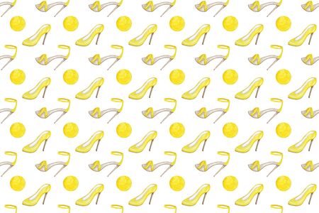 Seamless pattern yellow fashion womens shoes on the high heels. Painted hand-drawn watercolor Illustration isolated on a white background. Smart luxury lady shoe collection.の写真素材