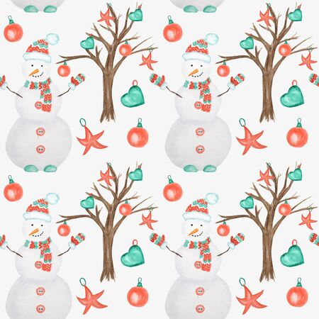 Seamless pattern New Year Christmas tree and Snowman on white background. Watercolor Winter nature illustration. Hand drawn vintage card, fabric paper texture design.の写真素材