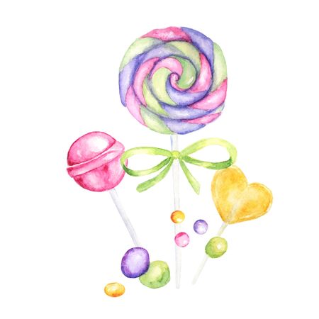 Lollipops bright colors on white background. Watercolor hand drawn candies illustration for menu design, cards, poster, baner, invitations. Bright colors candy set.の写真素材