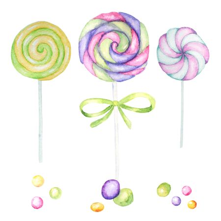 Lollipops bright colors on white background. Watercolor hand drawn candies illustration for menu design, cards, poster, baner, invitations. Bright colors candy set.の写真素材