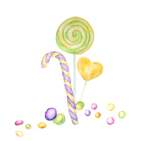 Lollipops bright colors on white background. Watercolor hand drawn candies illustration for menu design, cards, poster, baner, invitations. Bright colors candy set.の写真素材