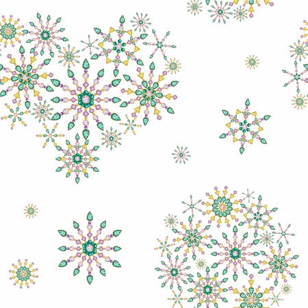 Seamless pattern heart and ball from Watercolor Christmas snowflake crystal. Beautiful bright colors jewelry decoration. Fashion brilliant stones, rhinestones. New Year fabric textureの写真素材