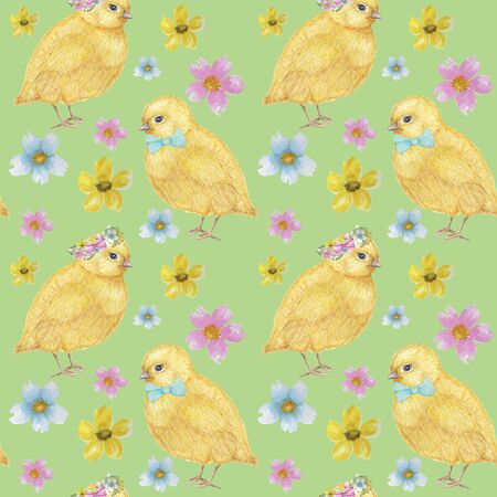 Easter Seamless pattern  hand drawn of yellow chiken, Spring flowers, willow, bow. Colorful bird, chikens baby on green background. Design for invitation, poster, card, fabric, texture.の写真素材