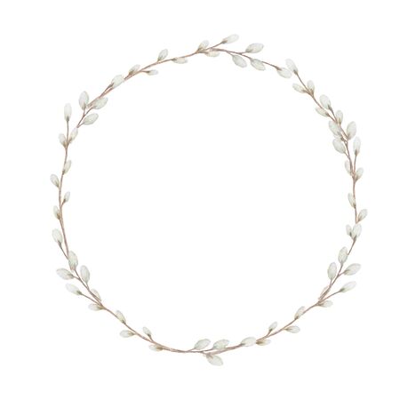 Watercolor Easter wreath, isolated on white background. Decorative elements for cards design, banners, invitations. Hand painted Round frame with willow branch, spring flowers, colored eggsの写真素材