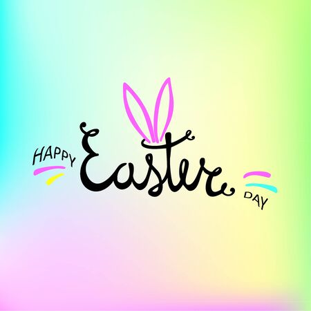 happy Easter Hand drawn calligraphy brush pen lettering in the form of rabbit on brigt colors rainbow background. Vector Concept Design of the happy Easter day for holiday greeting card and invitationのイラスト素材