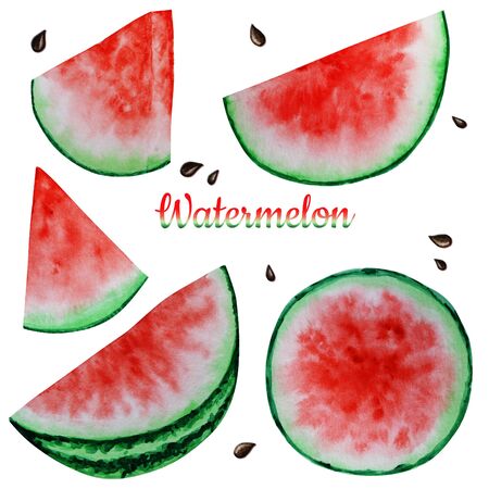 Watermelon slice fruit watercolor hand drawn illustration, fresh healthy food - organic natural food isolated on white background.の写真素材