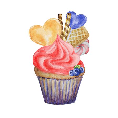 Watercolor Sweet deserts with Cream and biscuit, waffle, cake, cupcake, berries. Hand drawn delicious food illustration isolated on white background. Red Blue Sweets Bakery logo concept.の写真素材
