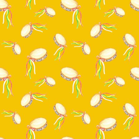 Seamless pattern Italian tarantella a tambourine on yellow background. Folk Italy music instrument. Watercolor fabric texture.の写真素材