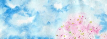 Abstract blurred watercolor background of spring white pink cherry flowers blossoms tree with blue sky. Hand painted Aquarelle paper textured canvas for banner design with copy cpace for text.の写真素材