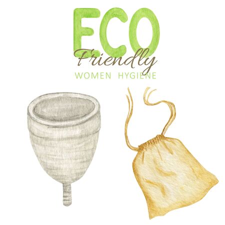 Eco-friendly silicone washable Menstrual cup with cotton bag. Zero waste supplies for personal women intimate hygiene. Plastic-free conceptの写真素材