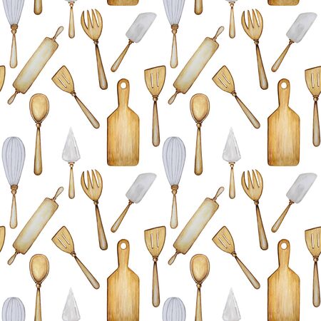 Hand drawn Wooden Kitchen tools seamless pattern. Accessories for baking watercolor fabric texture illustration. Cooking time poster, banner concept. Spoon, spatula, fork, rolling pin, knife, board.の写真素材