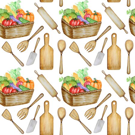 Hand drawn Wooden Kitchen tools, vegetables seamless pattern. Accessories for baking watercolor fabric texture illustration. Cooking time banner concept. Spoon, spatula, fork, rolling pin, board.の写真素材