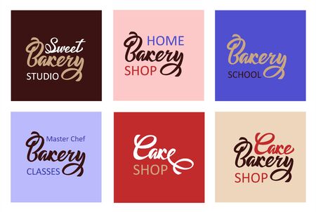 Colored Sweet Cake Bakery shop lettering typography set. Ideal for logotype design, icon, card, postcard, logo banner. Vector handwritten illustration.のイラスト素材