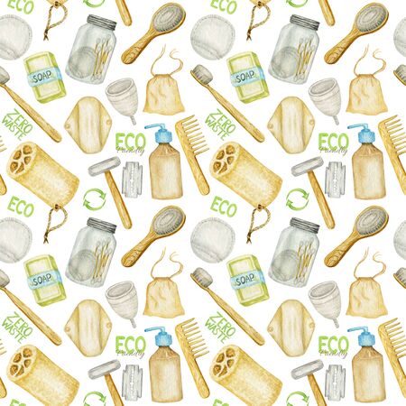 Zero waste bathroom accessories Seamless pattern. Natural sisal brush, bamboo wooden comb, solid soap, shampoo bars, Safety razor, reusable cotton pads in glass container. Eco-friendly hygiene conceptの写真素材