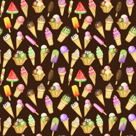 Summer Seamless pattern with Ice lollys, Ice-cream scoops decorated with chocolate in waffle cone. Watercolor illustration on dark brown background. Fruit mix ice cream balls fabric textile design.の写真素材