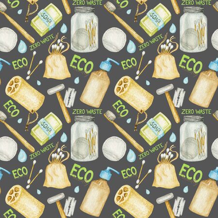Zero waste bathroom accessories Seamless pattern. Natural sisal brush, bamboo wooden comb, solid soap, shampoo bars, Safety razor, reusable cotton pads in glass container. Eco-friendly hygiene conceptの写真素材