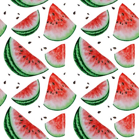 Watermelon slice fruit seamless patterns watercolor hand drawn illustration, fresh healthy food -...