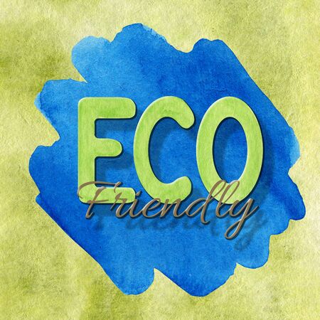 ECO friendly Green sign lettering icon on watercolor background. Hand drawn Ecological design. Recycled eco zero waste lifestyle. Recycle Reuse Reduce concept.の写真素材