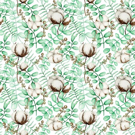 Watercolor cotton flower branches seamless pattern. Botanical Hand drawn Eco product illustration. Cotton flowers buds balls in vintage style. Green Eucalyptus leaves nature fabric texture design.の写真素材