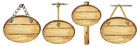 Watercolor Wooden Circle signboards, empty Blank isolated. Set of vintage old, retro Hand painted wood banners, planks, board. Signs for messages pathfinding. Illustration with space for textの写真素材