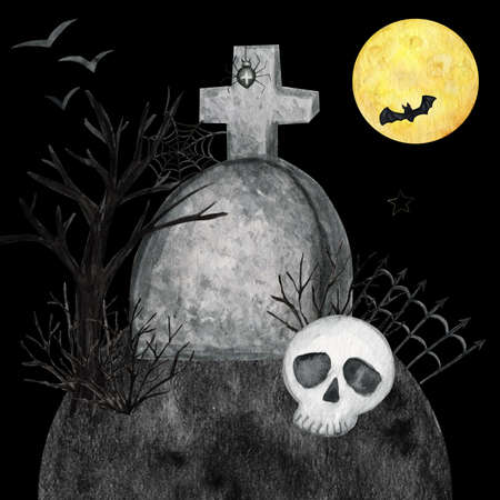 Halloween holiday party Composition with skull, bat, spider, party decorations. Watercolor Cartoon illustration isolated on black background. Halloween spooky cemeteryの写真素材