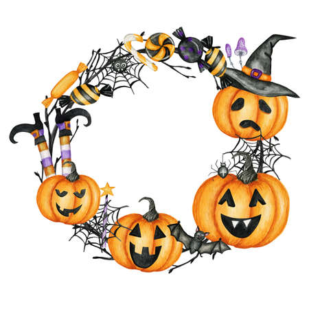 Happy Halloween holiday party Frame with Jack O Lantern pumpkins, bat, spider, candy sweets party decorations. Watercolor Cartoon illustration isolated on white background. Halloween spooky cemeteryの写真素材