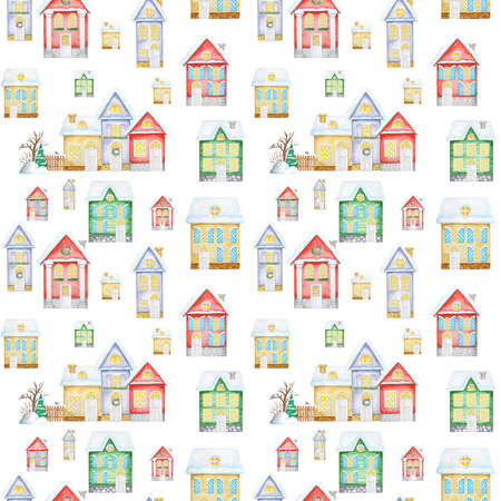 Watercolor Christmas winter houses Seamless pattern. Kids cartoon House with wooden door, luminous windows, snow on the roof. Bright colors background for Card, scrapbook paper, fabric design texture.の写真素材