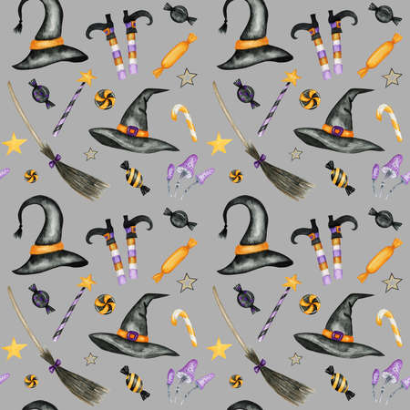 Happy Halloween seamless pattern with wich hat, broom, Magic wand, candy sweets party decorations. Watercolor Cartoon background illustration. Halloween spooky cemetery scrapbook paperの写真素材